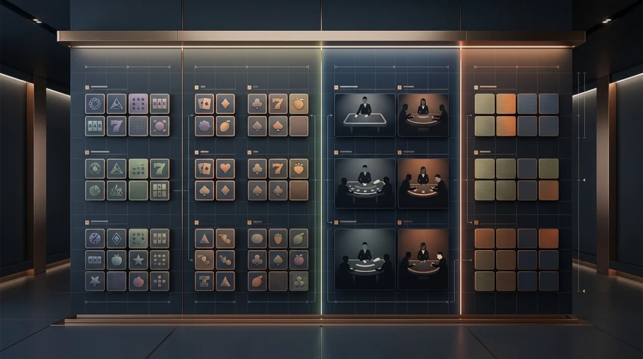 Abstract illustration of a large casino game catalogue divided into slots, live casino and provider groups