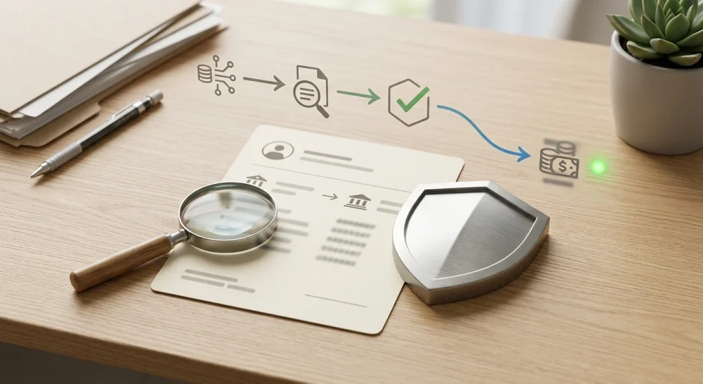 Abstract illustration of identity verification and source-of-funds review without depicting a real Goldbet interface