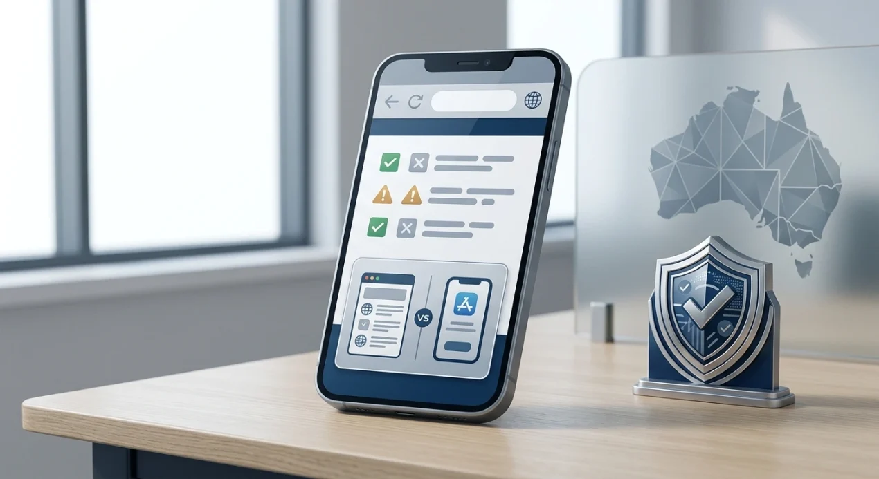 Abstract illustration of a smartphone browser, verification shield and evidence checklist without a real Goldbet interface