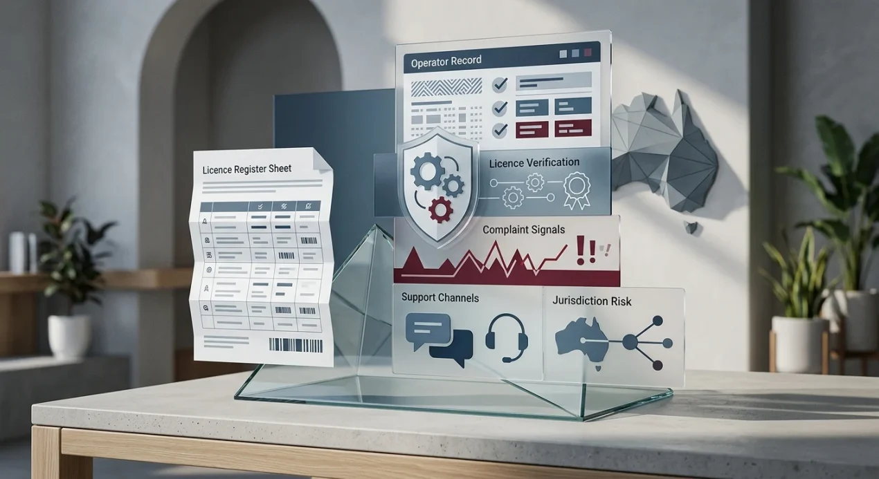 Abstract illustration of a licence register, evidence layers, complaint signals and an Australia risk marker without a real Goldbet interface