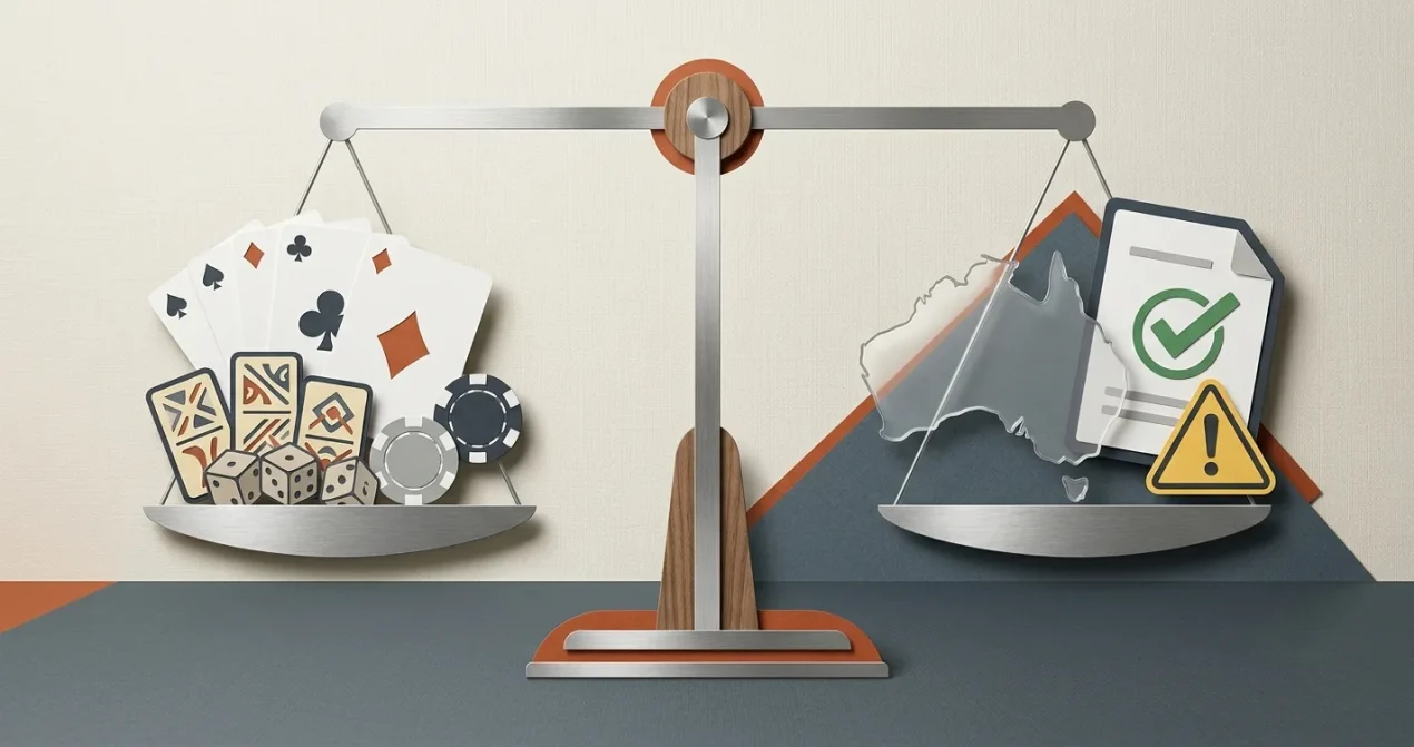 Abstract balance comparing verified Goldbet product facts with Australian regulatory and access risks
